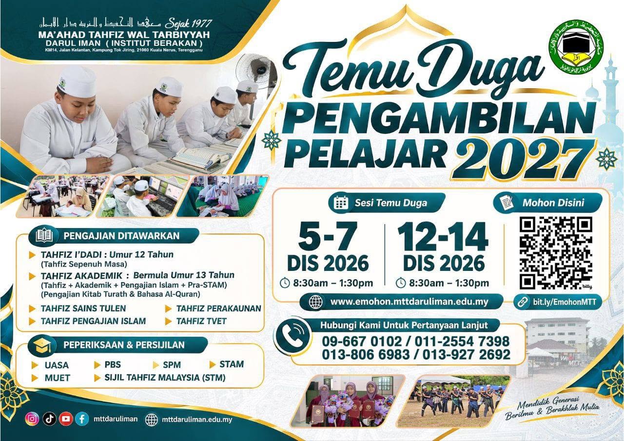 Intake MTT 2027 Maahad Tahfiz Wal Tarbiyyah Darul Iman (MTT)